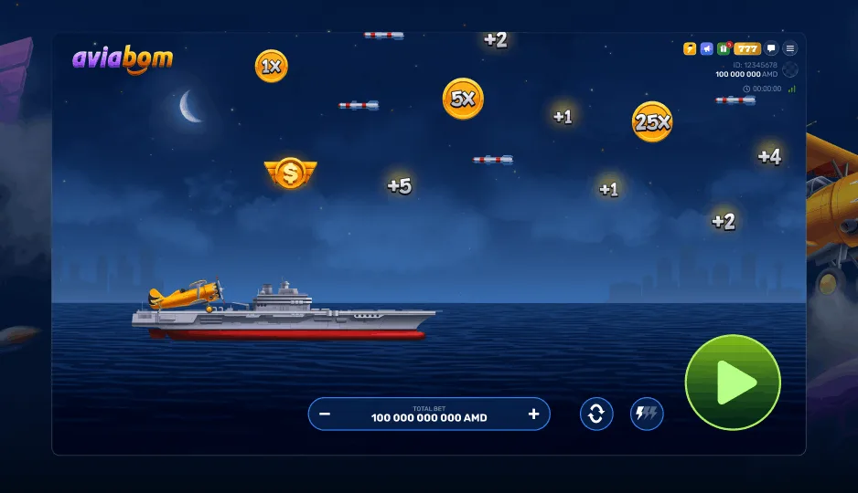 Aviabom round showing symbols and aircraft on a dark sky